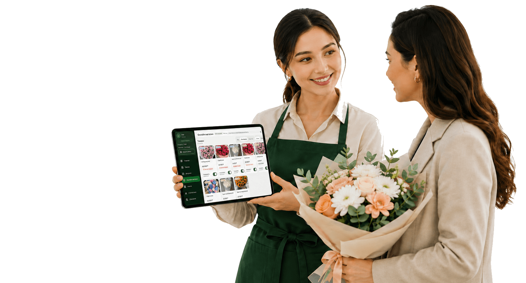 A florist shows a customer the Blooma catalog on a tablet