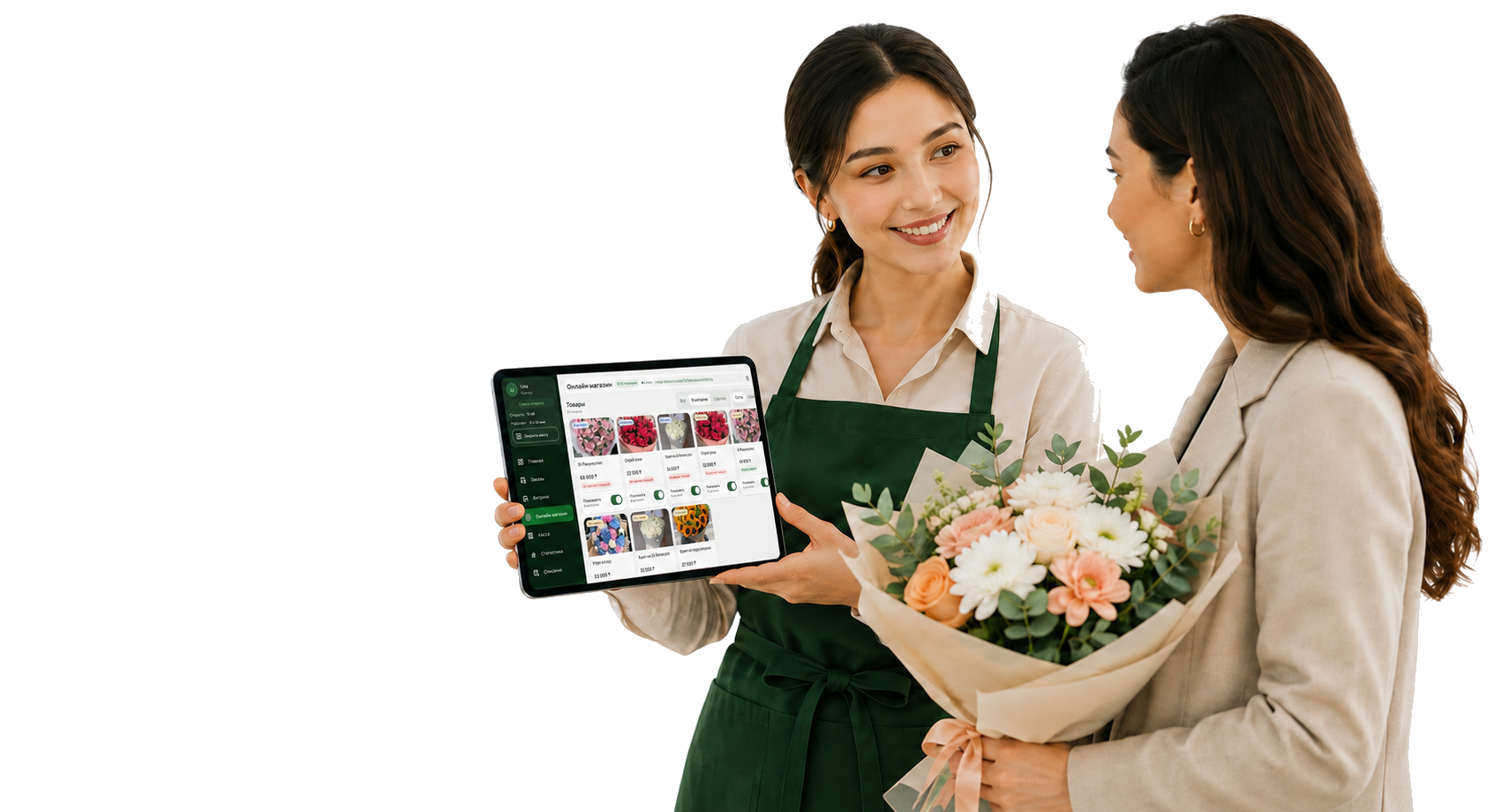 A florist showing a customer the Blooma catalogue on a tablet